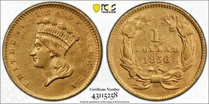 1856年 G$1 斜め5金リバティヘッド PCGS AU55 CAC 金貨 43115258