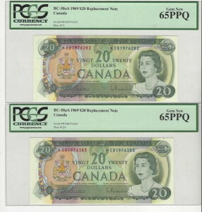 1969�N BOC BC-50aA�A$20 Bea/Ras SN# *EB 1976282 & 83 PCGS MS-65 PPQ Repl Notes