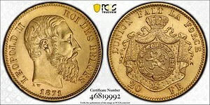 1871 �N �x���M�[ �|�W�V���� A - �� 20 �t���� PCGS MS64�APOP 10�A6 ����!
