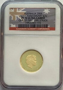 150周年記念 2005年 オーストラリア ソブリン金貨、金、PF 70 ウルトラカメオ