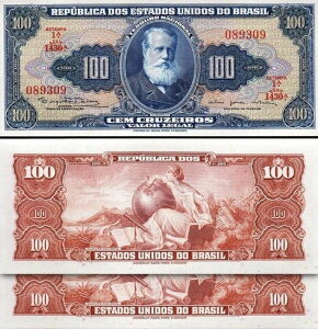 ブラジル 100 クルゼリオ 1964、UNC、2個ペア、連続、P-170c、S 14、スタンプ 1