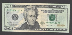 20ドル連邦準備銀行券 2017A ボストン (PA03606110A)、UNC