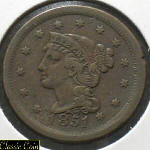 1851年製 アメリカ製 編み込みヘア ラージセント 1セント VF+ 詳細 銅ペニー