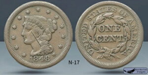 1848年、N-17、編み込みヘアの大型セント、非常に細かいディテール、表面に古い傷あり C8011