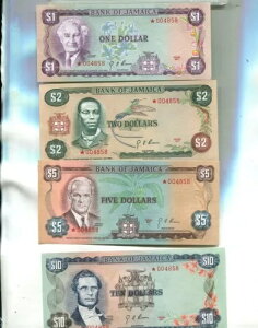 1977年 ジャマイカ 1ドル 2ドル 5ドル 10ドル 紙幣 4枚セット GEM CU 1286T