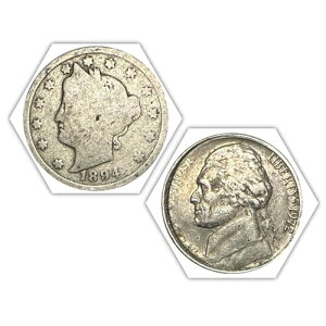 アメリカ合衆国のニッケル貨2枚 - 1894年リバティV(良好、日付はより正確)と1972年(打ち間違い)