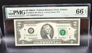 $2 2003A FRN �A�g�����^ Fr#1938-F (���܂��ʓI�ł͂Ȃ�FD�u���b�N) PMG 66 EPQ �W�F��