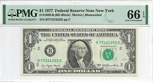 1977年 ニューヨーク 1ドル札 FRN. PMG GEM 未流通 66 EPQ 紙幣。B/Dブロック