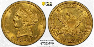 1847�N 5�h������ ���o�e�B�E�n�[�t�C�[�O�� PCGS MS 62 MPD FS-302 (004) - �g�b�v�|�b�v 2/0