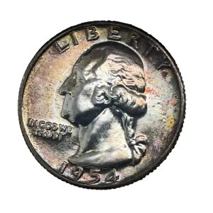 1954年 ワシントン クォーター銀貨 GEM プルーフ - カメオ ***SUPERB*** - オリジナル トーニング