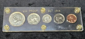 美しい1964年米国造幣局発行の5枚組シルバーコインプルーフセット（透明キャピタルホルダー入り）