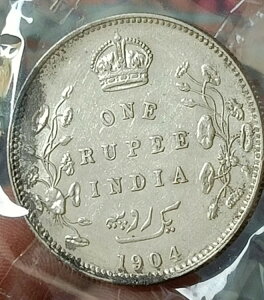 P37#イギリス植民地インド エドワード7世 銀ルピー 1904年 希少年号 良好グレード。
