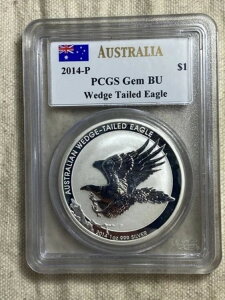 2014-P $1 オーストラリア ウェッジテールイーグル PCGS ジェム BU MERCANTI サイン入り スポッティ