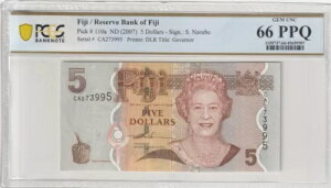 フィジー 2007年 5ドル PCGS認定紙幣 UNC 66 PPQ ピック110a