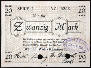 BLUMENTHAL 1919 RARE Bremer Woll-K?mmerei 20 Mark Grossnotgeld �h�C�c�� Notgeld