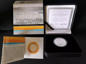 2013年 キャンベラ100周年記念 36.31g (1.28オンス) 銀貨プルーフ 5ドル硬貨 + 20セント UNC