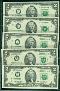 $2.00 FRN ? �t�B���f���t�B�A�A2003A�AFr. #1938C�A5�̘A�������V���A���ԍ��̃Z�b�g