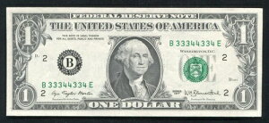 1977年 1ドル FRN 連邦準備銀行券「ファンシーバイナリー S/N B33344334E」 ジェム 未流通