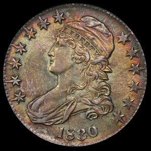 1830�N�� �X���[�� 0 O-115 �L���b�v�h�o�X�g �n�[�t�_���[ 50�Z���g NGC AU58 OH ���C���{�[�g�[�� �����X�^�[