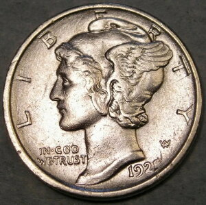 1921年 D マーキュリー ウィングドヘッド シルバーダイム 魅力的な希少セミキーデイト 美しい