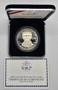 2009年 ルイ・ブライユ生誕200周年記念 プルーフ 90% 銀貨 米国造幣局 コインボックスとCOA