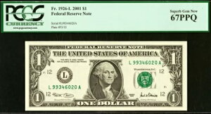2001�N 1�h���A�M������s�� PCGS 67PPQ �W�F�� - �j���[�T���t�����V�X�R Fr 1926-L