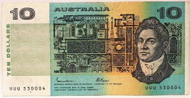 オーストラリア 1985 年 ... 10 ドル紙幣 ... 珍しいシリアル番号 ...UUU