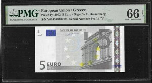 MV 5 EURO 2002 Duisenberg v^[ N001F4 PMG 66EPQ GEM UNC! Ɋ!