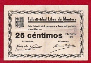���A�A25 �Z���e�B���X 1937�AColectividad Libre de Muniesa (�e���G��) VF+ �X�y�C��