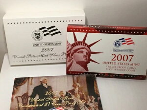 2007-S シルバーおよびクラッド プルーフ セット (大統領コインを含む 14 枚のコイン入り)。