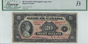 1935年 BOC BC-9a、20ドル Osb/Tow 英語大判シール、SN#A002787 LEGACY Fine 15