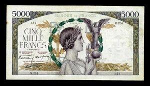 フランス 5000 フラン 「ヴィクトワール」 1939 年 P #97a VF+ 大型紙幣、希少!!!