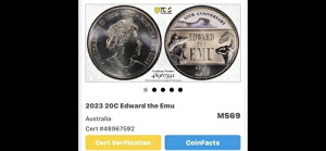 2023年 オーストラリア エドワード・ザ・エミュー カラー 20セント PCGS MS69 唯一の高グレード