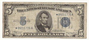 1934年A号5ドル紙幣銀券STAR Note 775A-YHK
