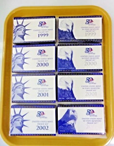 米国造幣局 10枚入りプルーフコインセット + 追加ボックス 5枚入り州クォーターコイン 1999年 2000年 2001年 2002年