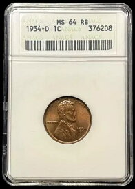 1934-D リンカーン小麦セント ANACS MS64 RB「古い石鹸箱ホルダー」（bin721W）