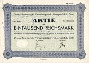 ���A: �h�C�c�� Schweizerische Verwaltungsbank AG 1934 800DM 1954 �ċ���-