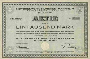 Motorenwerk Munich Mannheim MMM AG 1923 Munich RARE Gr?nderaktie 1000 Mark TOP-
