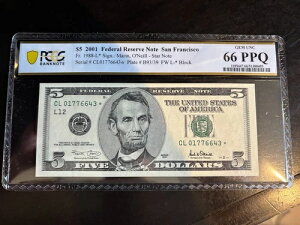 DBR 2001 $5 FRN STAR �T���t�����V�X�R�_��1988-L* PCGS-B 66 PPQ �V���A�� CL01776643*