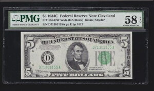 US 1934C $5 FRN �N���[�u�����h ���C�h FR 1959-DW PMG 58 EPQ V Ch AU (155)