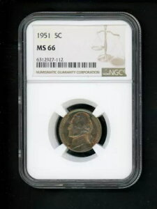 1951年 アメリカ製 ジェファーソン・ニッケル 5セント .05 NGC MS 66 UNC ゴールデン・トーニング・ダイ・クラック・リバース