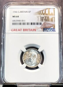 1946年 イギリス 銀貨 6ペンス ジョージ6世 ロイヤルサイファー NGC MS 64 美しいBU