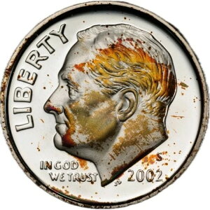 PR68DCAM 2002-S 10セントルーズベルト銀貨プルーフダイム、PCGS Trueview-レインボートーン