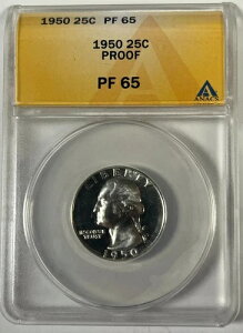 1950年ワシントンクォーター25セント、90%銀貨、プルーフストライク、ANACS PF 65
