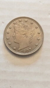 1907 年リバティ V ニッケル コイン、AU 状態、ただし判断はあなた次第です。