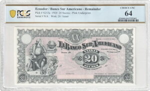 エクアドル バンコ・スール・アメリカーノ 1920年 20スクレ ピック-S253a PCGS チョイス UNC 64