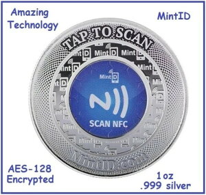 ミントIDバッファロー .999 シルバー 1オンス ラウンド AES-128 暗号化 NFC マイクロチップ セキュア