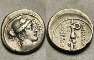 希少な古代ローマ銀貨 C メミウス C.f.紀元前56年 デナリウス・セレス 捕虜のトロフィー