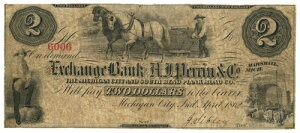 1862年 A.J. ペリン&カンパニー為替銀行、ミシガンシティ、インディアナ州 2ドル紙幣 (D59755)