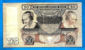 EX RARE "TYPE 1" I_ P58 50 Gulden OYSTEREATERS S/N AJ 017152 1941N111